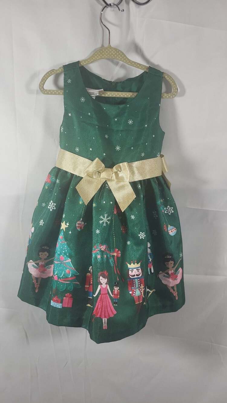 Bonnie Jean Nutcracker Ballet Scene Holiday Shantung Dress with Gold Bow, 2T
